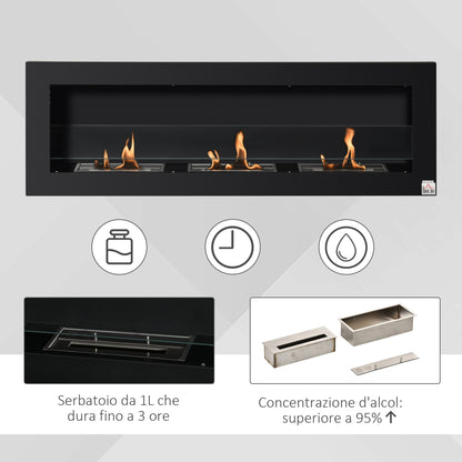 Wall-Mounted Bioethanol Fireplace with 3 1L Tanks and 20m² Coverage, 120x40 cm 2Kw Bioethanol Fireplace in Steel and Glass for Living Room, Living Room and Bedroom, Black