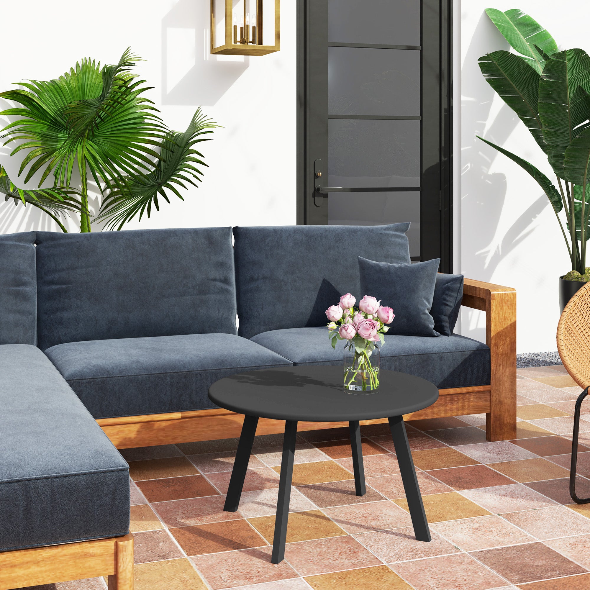 Round Garden Coffee Table in Industrial Style with Non-Slip Feet, in Metal, Ø70x42 cm, Black