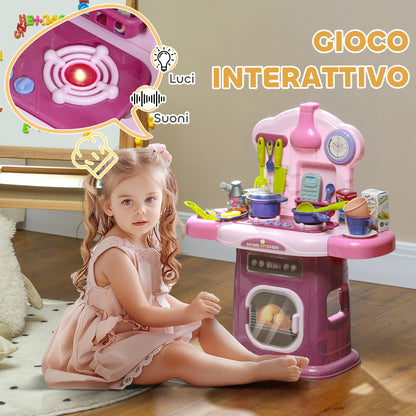 Toy Kitchen for Children 3-6 Years with 38 Accessories and Realistic Sounds, in PP and ABS, 51x21x60 cm, Pink