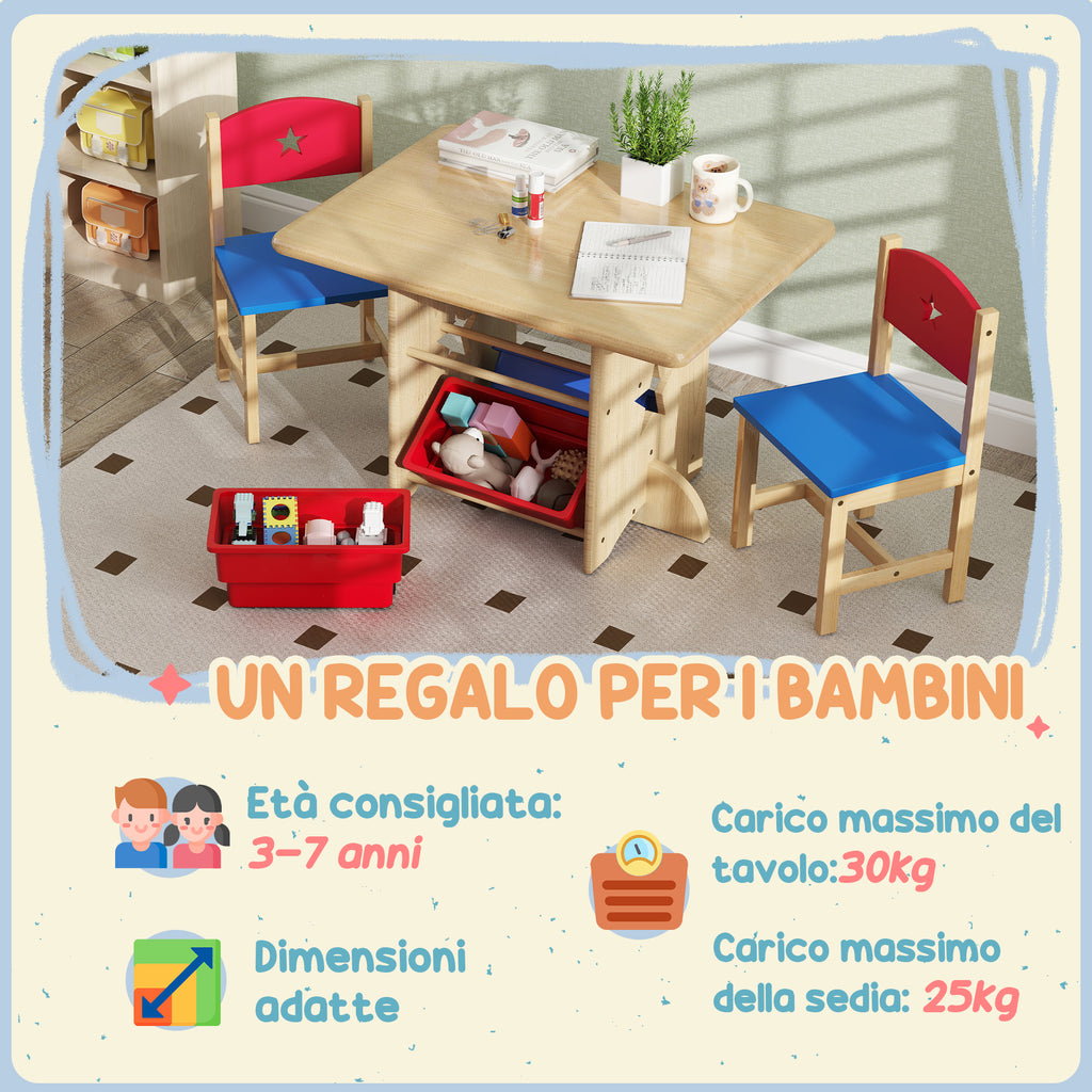 Children's Table and Chair Set 3-7 Years with 2 Chairs and Table with 4 Containers, in Wood and PP, Wood Color