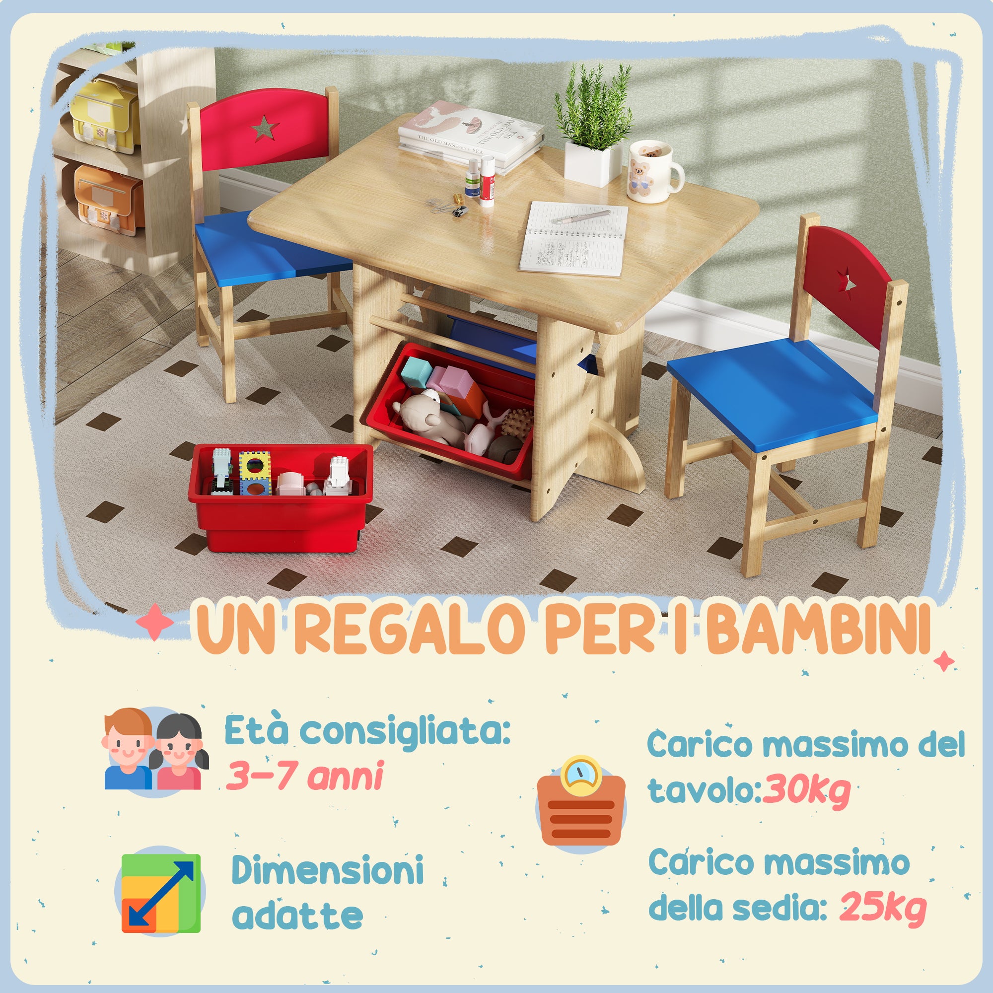 Children's Table and Chair Set 3-7 Years with 2 Chairs and Table with 4 Containers, in Wood and PP, Wood Color