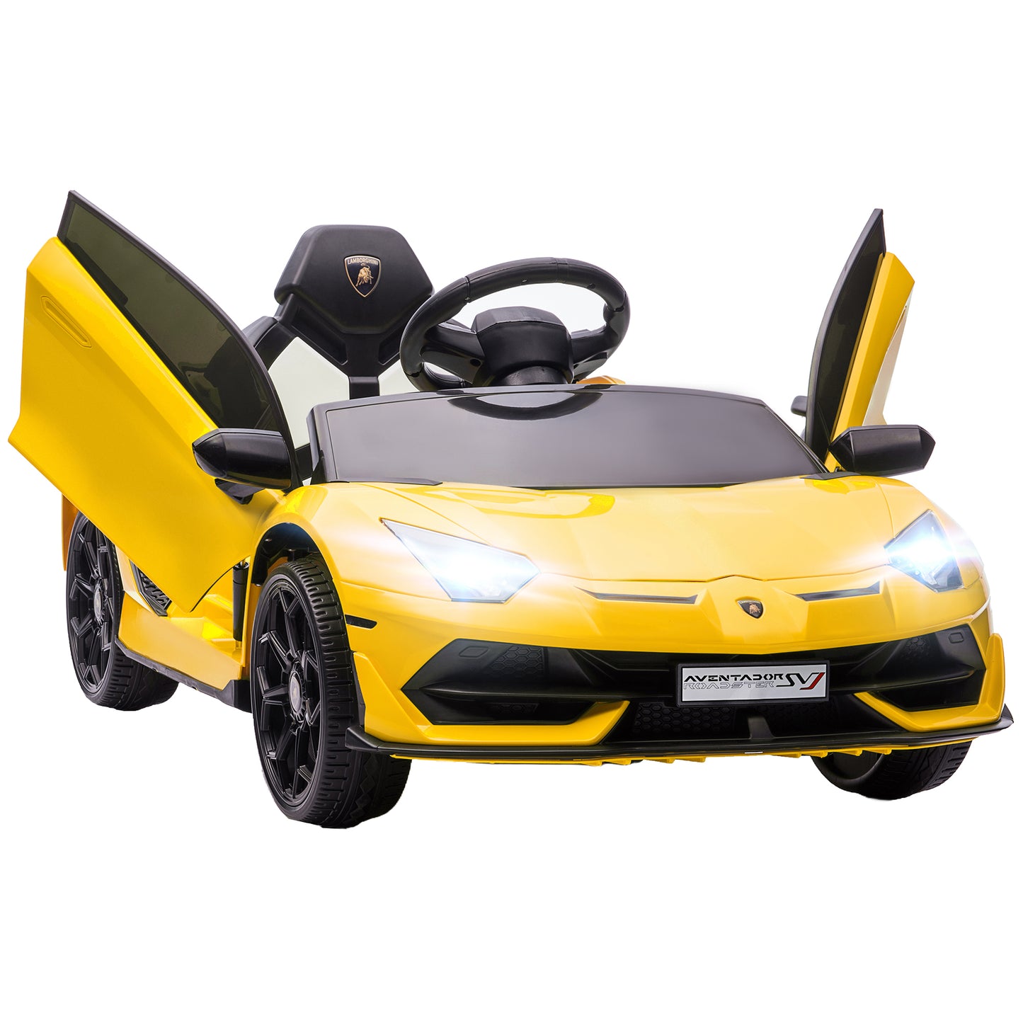 12V Electric Ride-On Toy Car with Lamborghini License, Remote Control, Horn and Music, Yellow