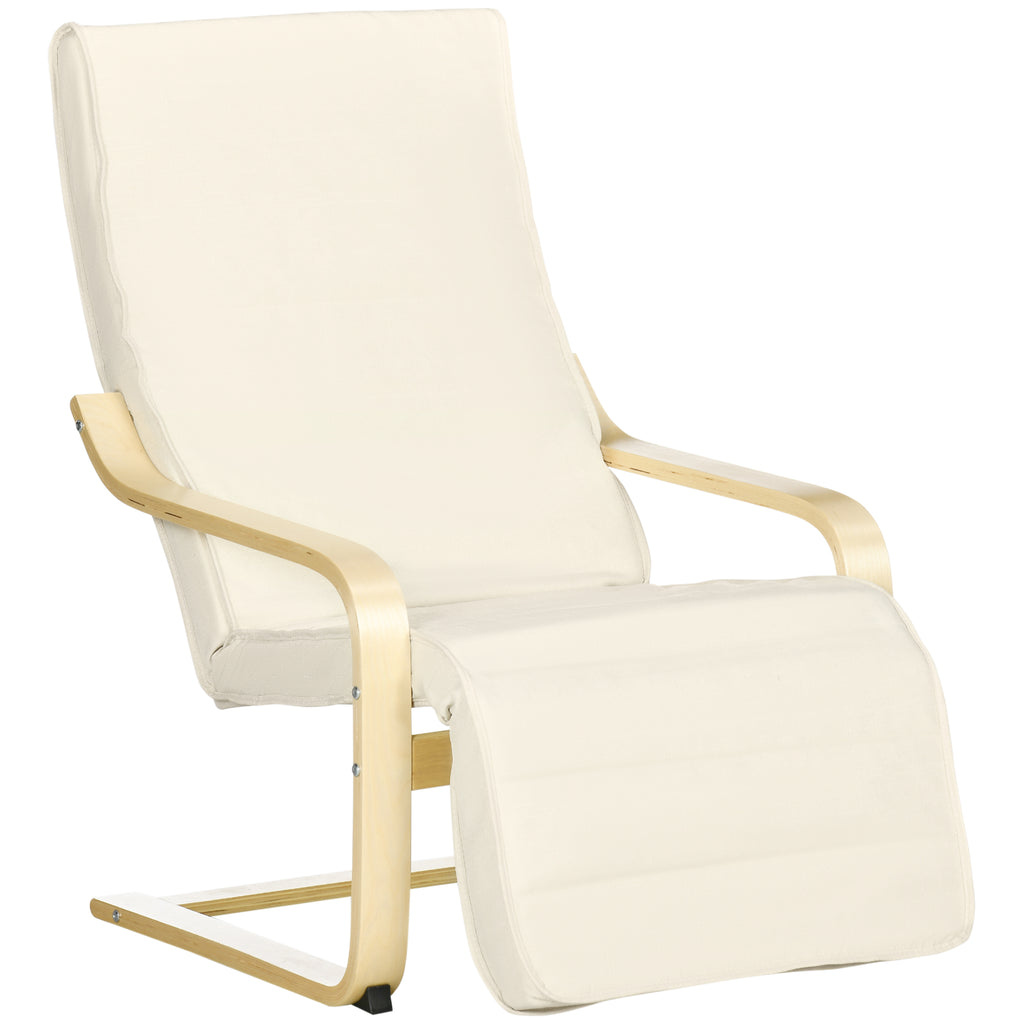 Relaxing Chair with 5-Level Footrest and Headrest, Birch Wood and Fabric, 66.5x94x100 cm, Cream