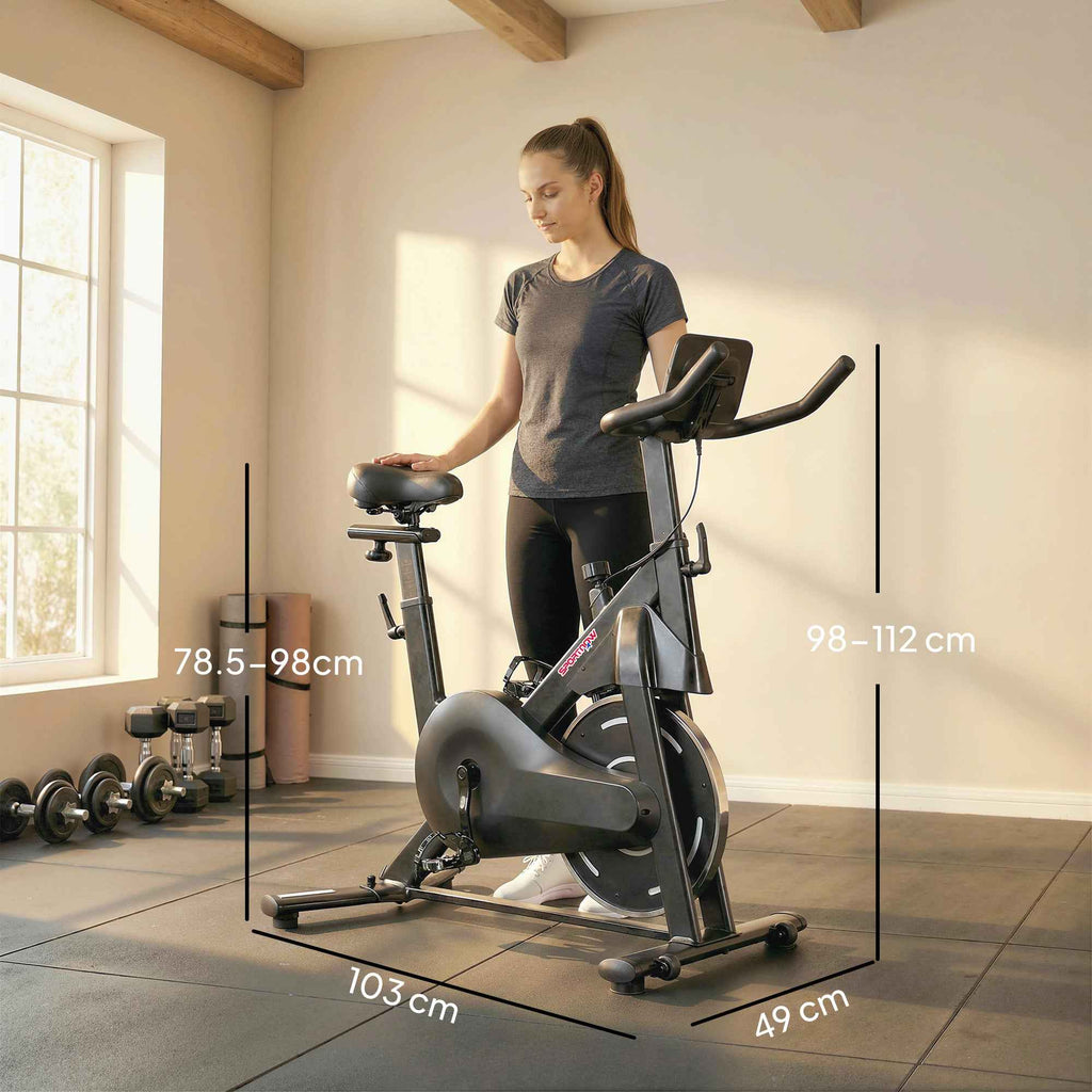 SPORTNOW Adjustable Magnetic Exercise Bike with LCD Display and Tablet Holder, Made of Steel and ABS, 103x49x98-112 cm, Black