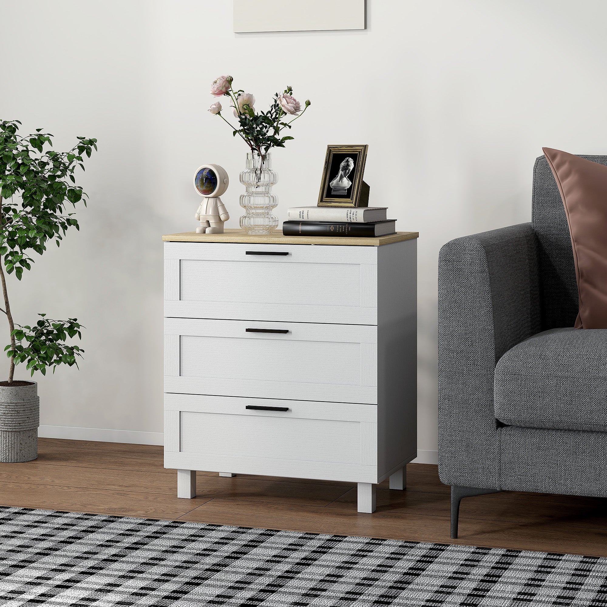 Modern 3-Drawer Wooden Chest of Drawers, 60x38x71 cm, White and Wood Color
