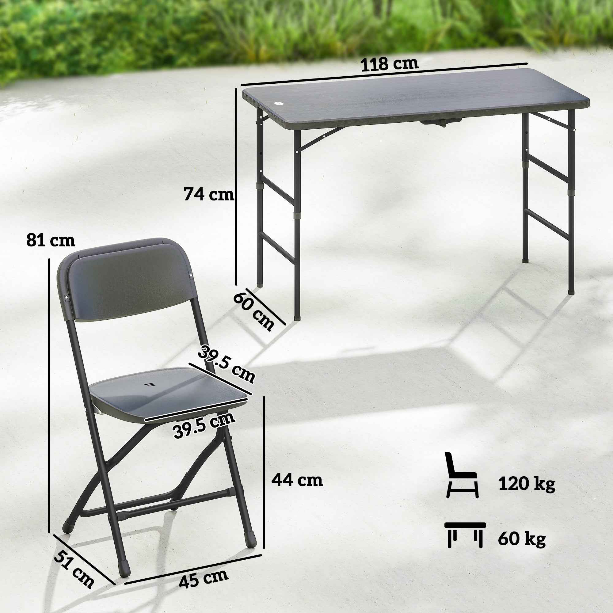 Outsunny Adjustable Garden Table and 4 Folding Chairs Set in Wood Effect HDPE, Dark Grey