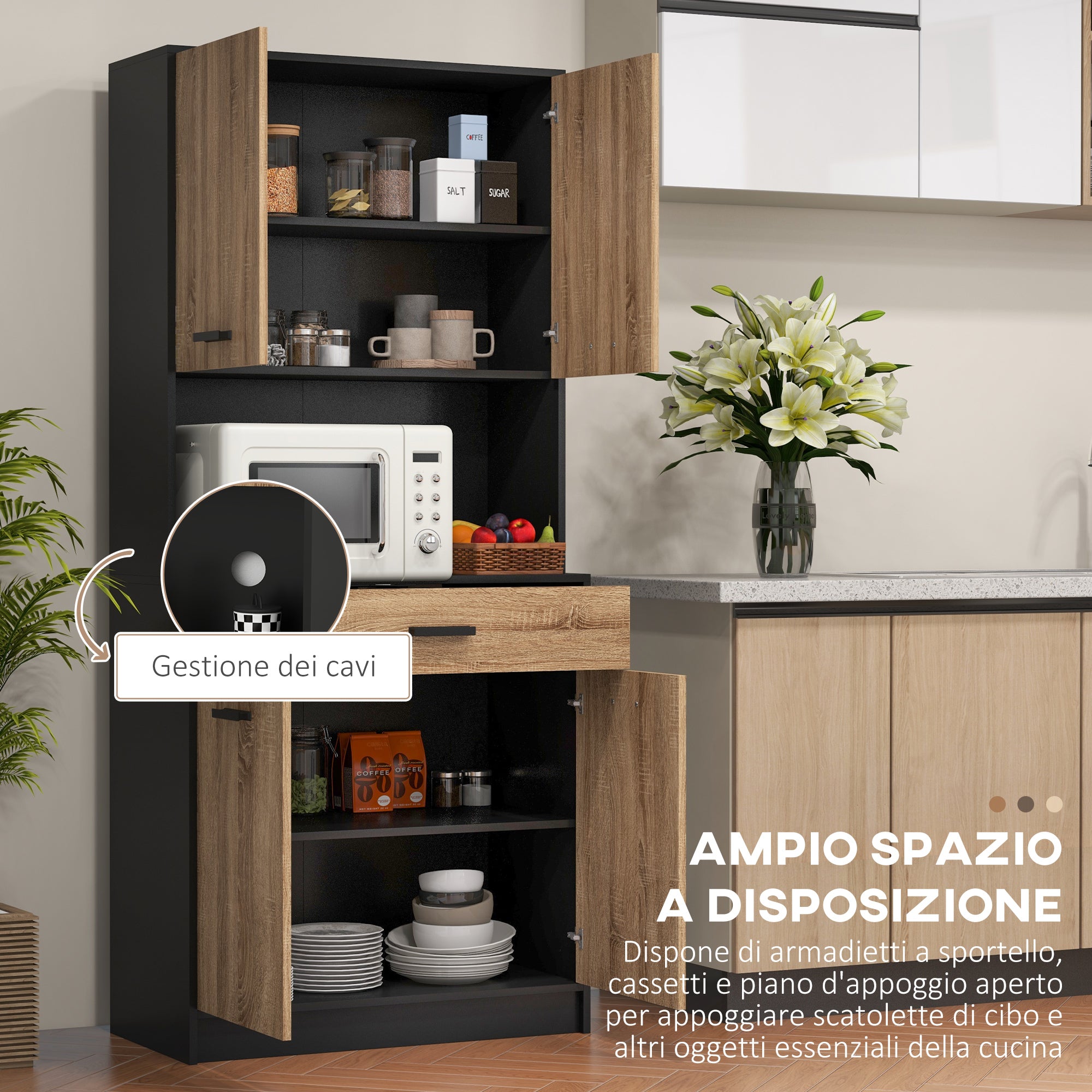 Wooden Kitchen Sideboard with 2 Door Cabinets and Drawer, 80x40x180 cm, Black and Wood Color