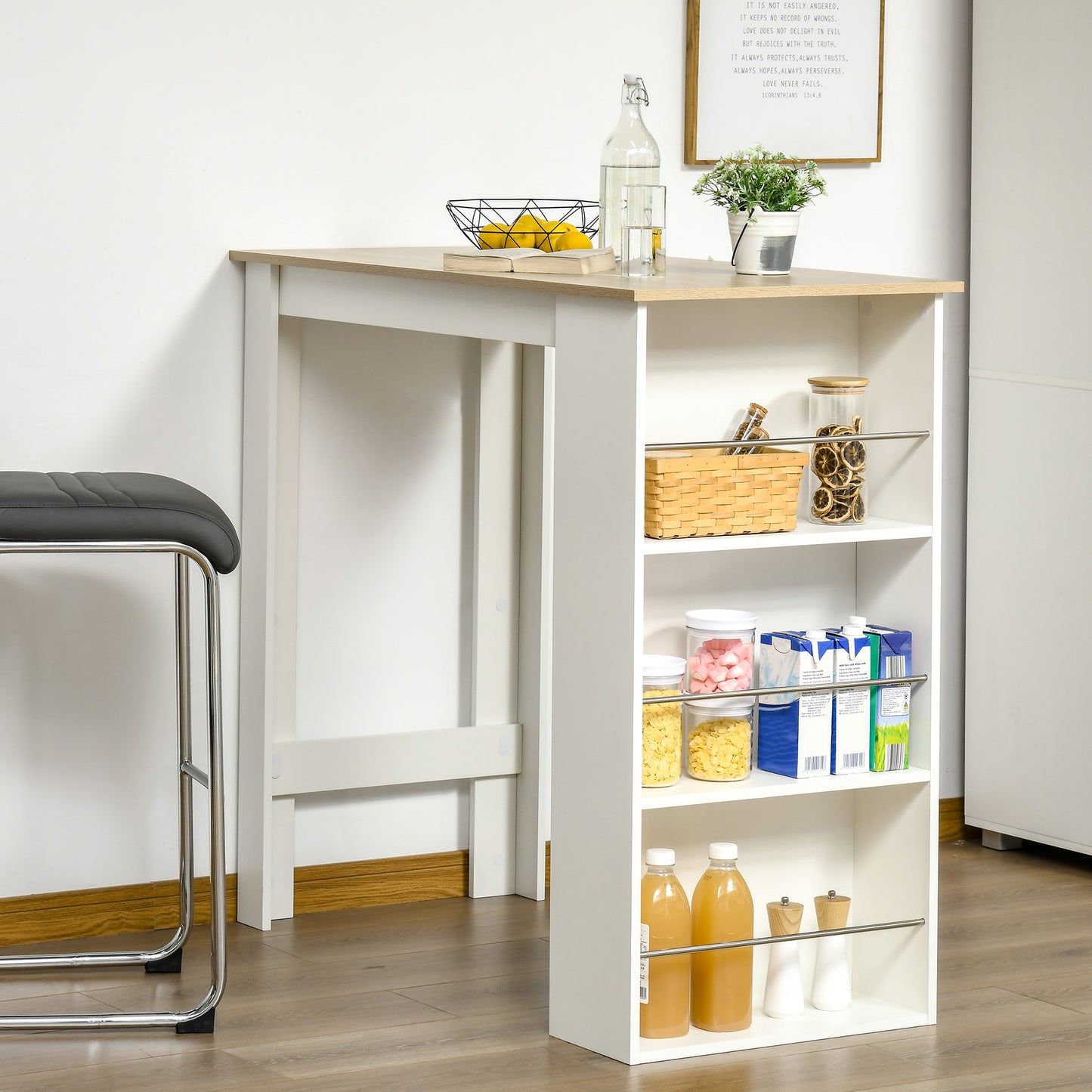 HOMCOM Bar Table with 3 Shelves and Protective Bars, in Steel and Chipboard, 112x57x106 cm, White