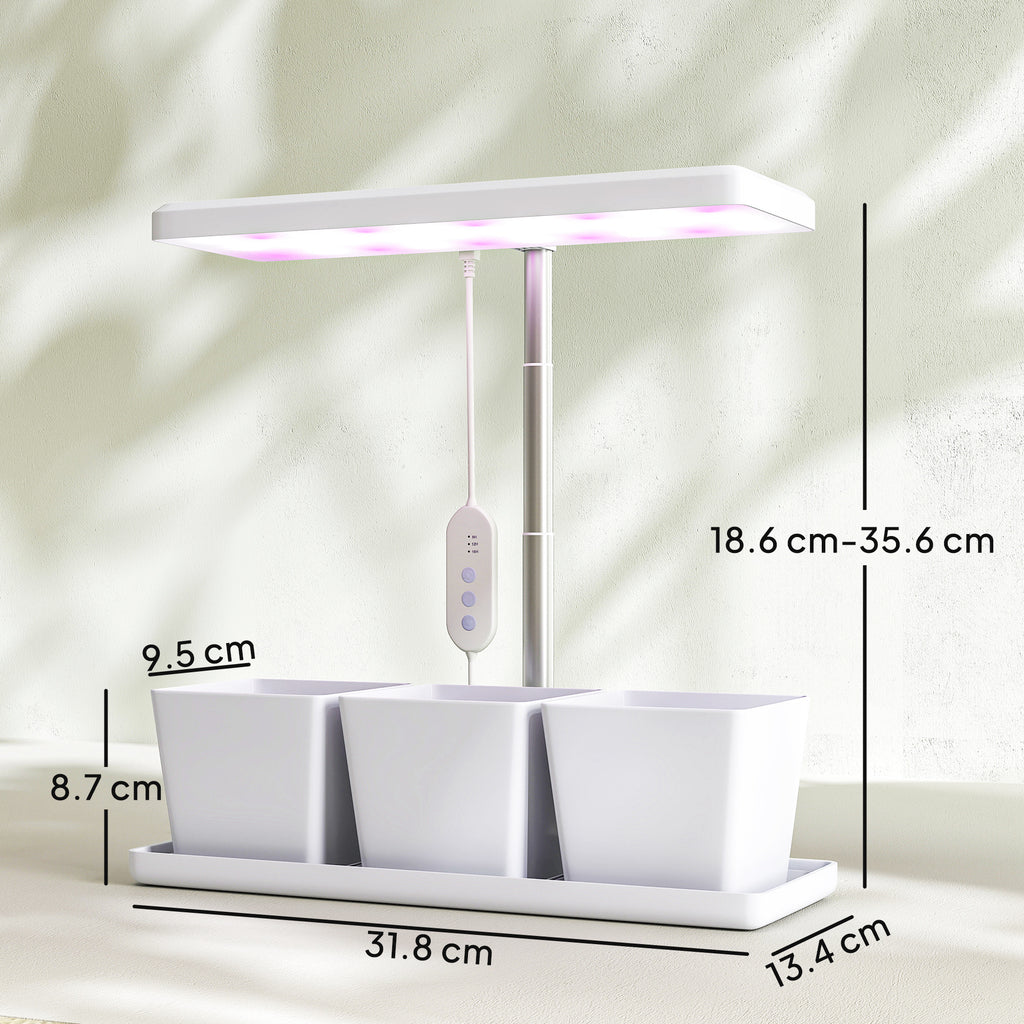 30 LED Plant Grow Lights with 3 Pots, Timer and Dimmable Lighting, 31.8 x 13.4 x 18.6-35.6 cm, White