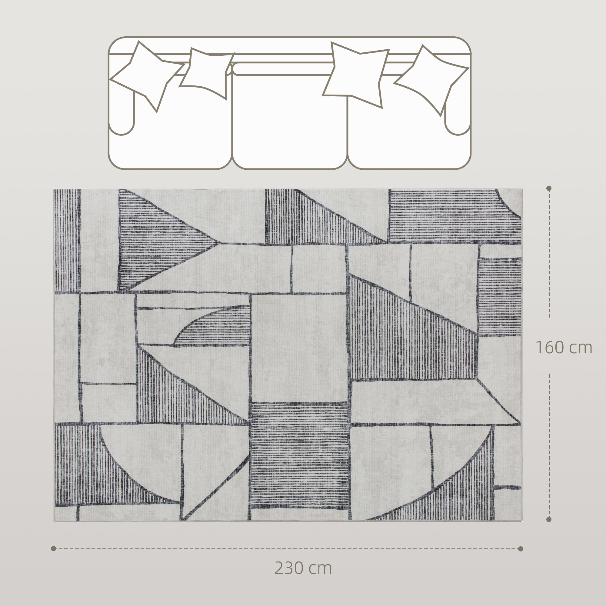 Modern Non-Slip Rug with Geometric Lines, in Multicolored Polyester, 230x160x0.7 cm