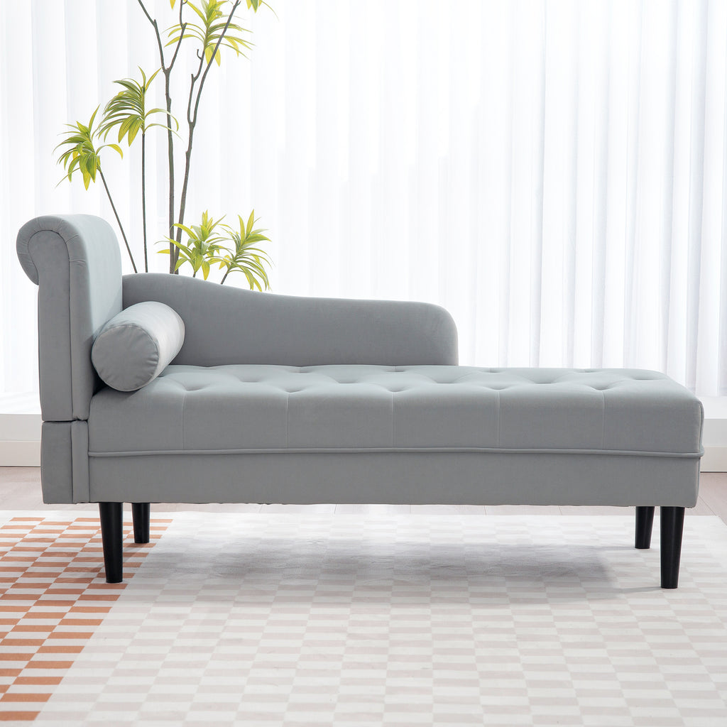 Chaise Longue with Quilted Velvet Effect Covering in Grey, Solid Wood and Sponge, 146x61x82.5 cm