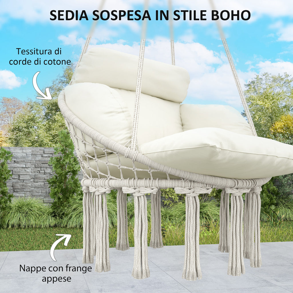 Boho Style Hanging Armchair with Cushion, in Steel, Cotton and Polyester, 80x60x40 cm, Cream White
