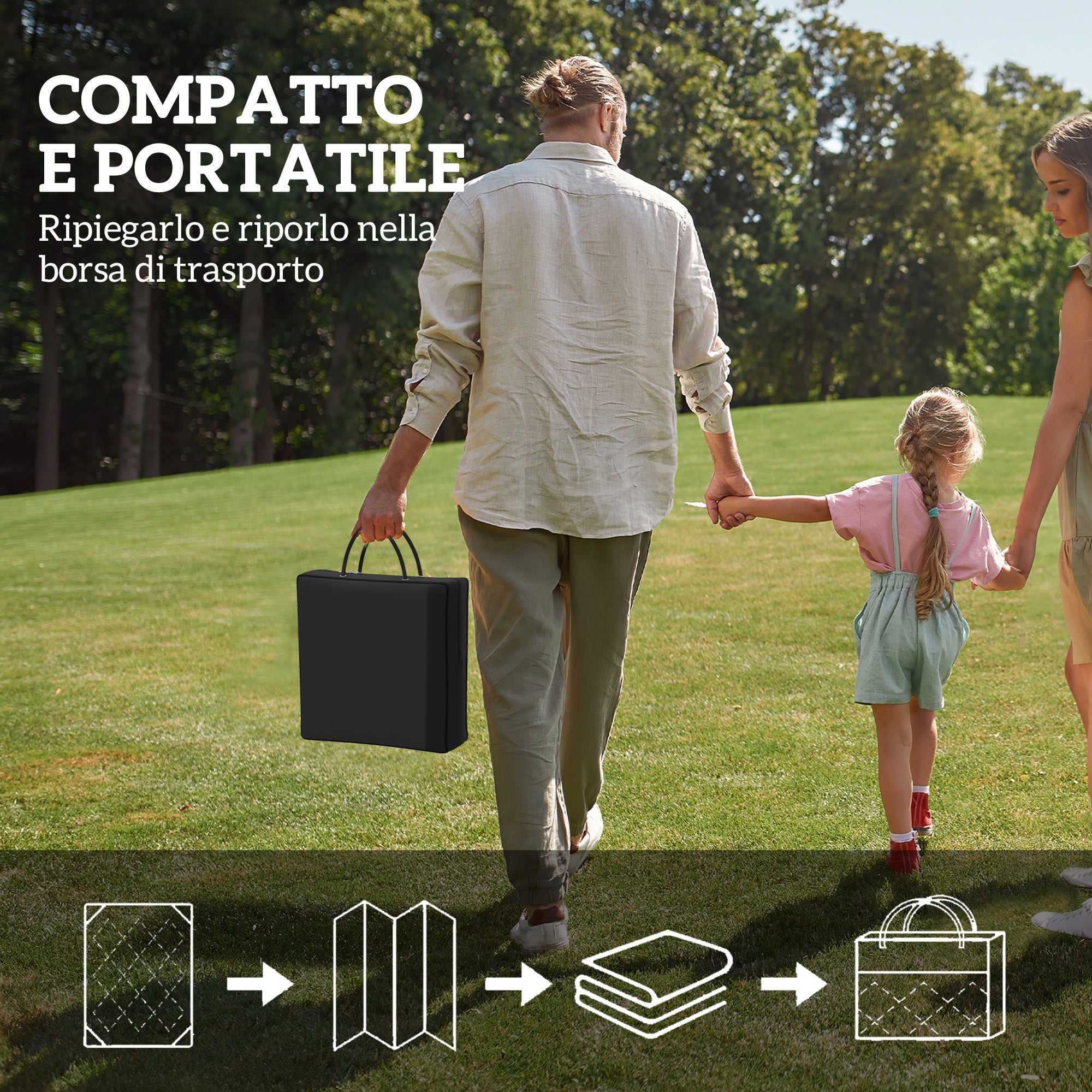 Reversible Geometric Style Outdoor Rug with Carry Bag, 182x274 cm, Blue and White