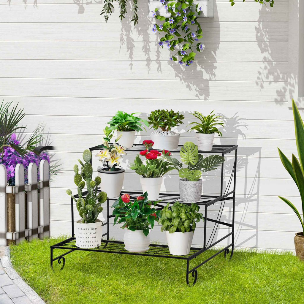 Outsunny Wrought Iron Plant Stand, 3-Tier Outdoor Plant Ladder, Black
