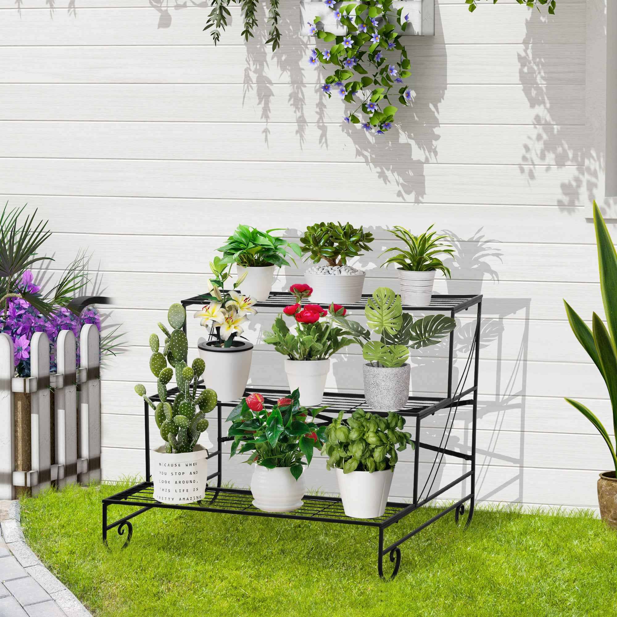 Outsunny Wrought Iron Plant Stand, 3-Tier Outdoor Plant Ladder, Black