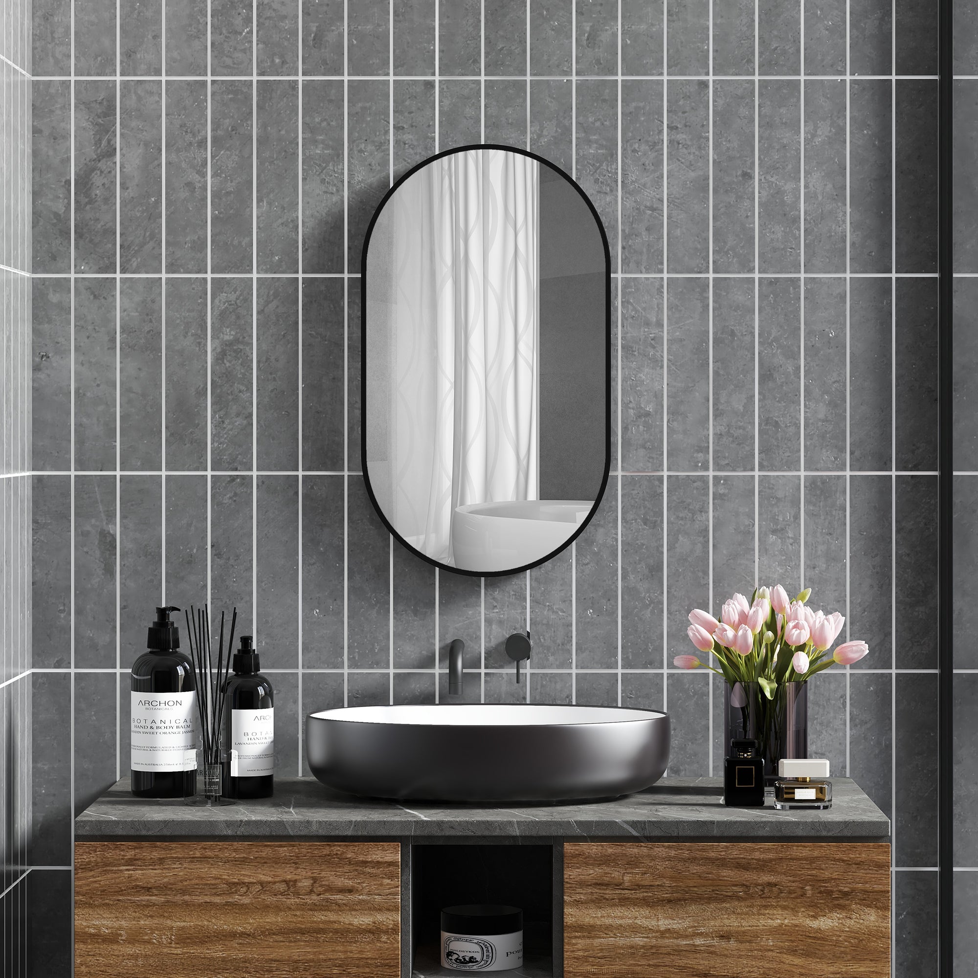 Oval Wall Mounted Bathroom Mirror with Aluminum Frame, Vertical or Horizontal, 60x90cm, Black