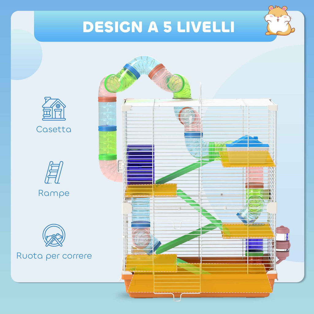 PawHut 5-Level Hamster Cage with Tubes, Wheel, Ladders, House and Bottle, 46x30x58 cm, Orange