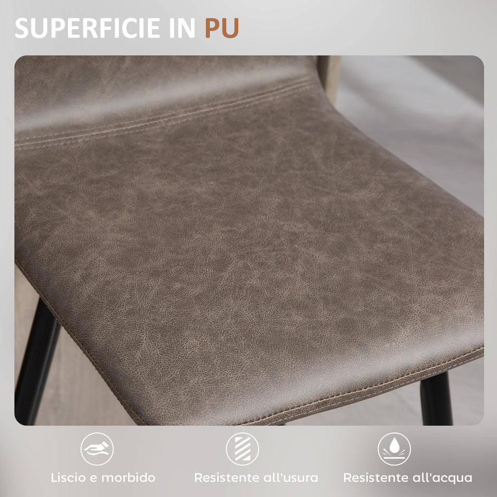 Set of 2 Bar Stools with Low Backrest and Footrest, PU Upholstery and Steel Legs, Dark Brown