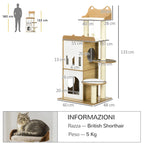 Cat Tree with Cat Scratching Post, 2 Cat Houses, Perches and Play Ball, 60x48x133 cm - Borge' Group Limited