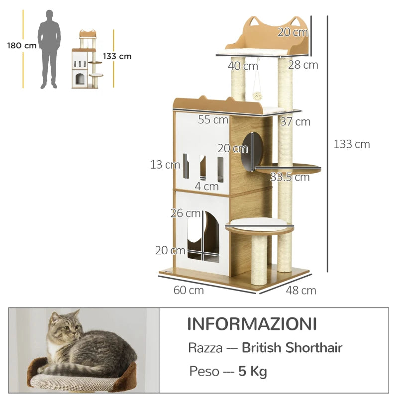 Cat Tree with Cat Scratching Post, 2 Cat Houses, Perches and Play Ball, 60x48x133 cm - Borge' Group Limited