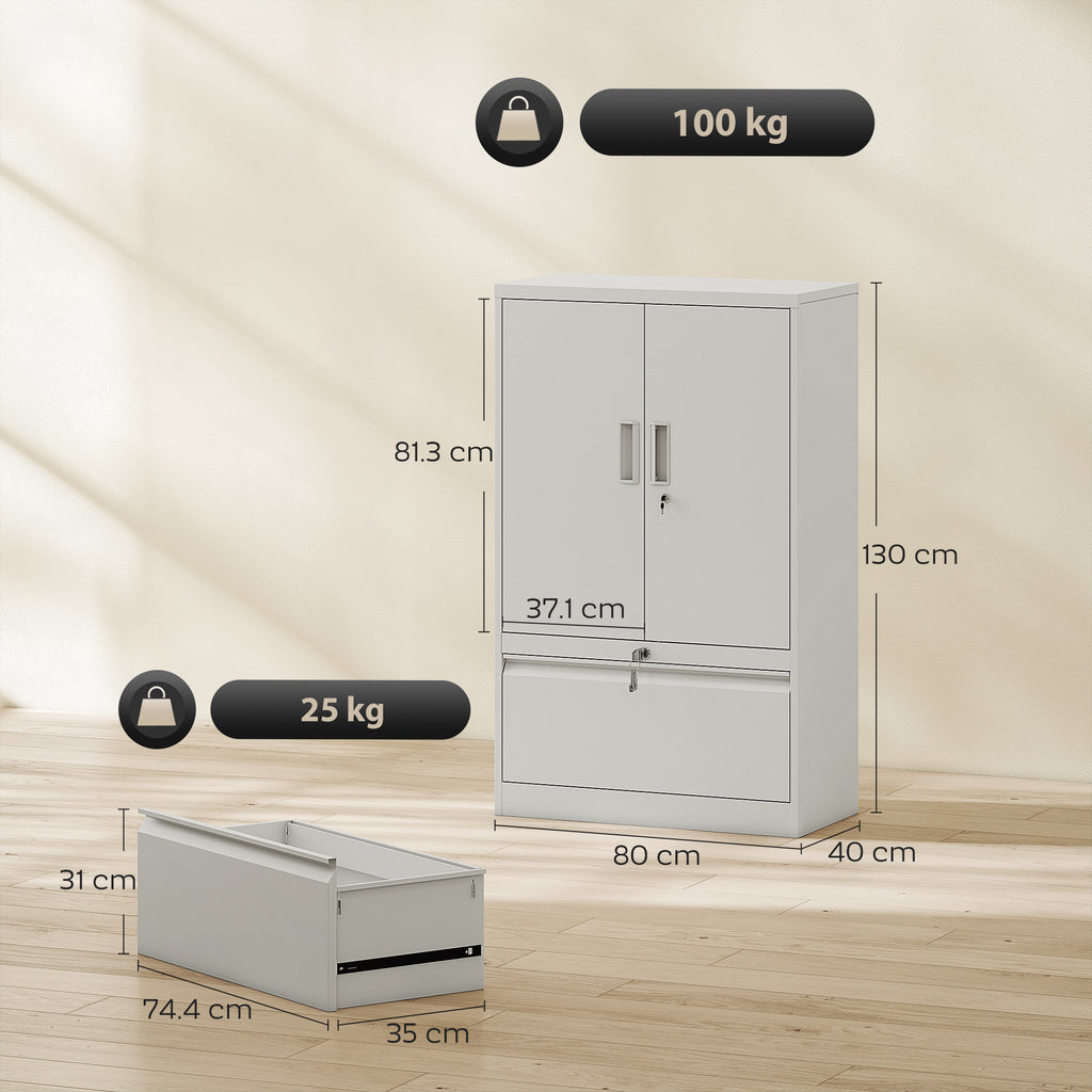 Steel Office Cabinet with Adjustable Internal Shelf and Drawer, 80x40x130 cm, White