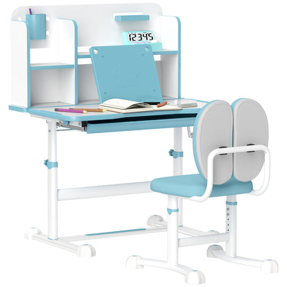 Adjustable Children's Desk and Chair Set, School Desk with Tiltable Top, Drawer, Shelf, Blue