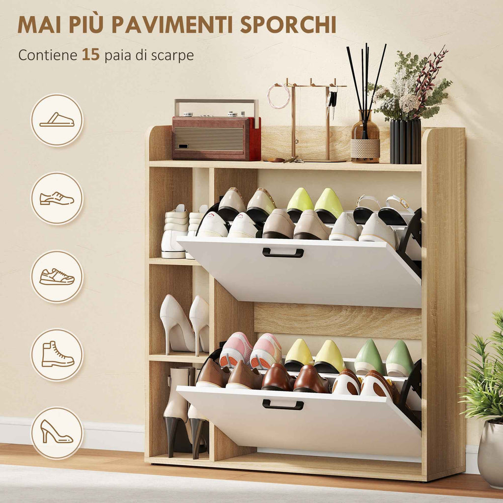 HOMCOM Slim Shoe Rack with 2 Tilting Drawers and 3 Open Compartments, Capacity 15 Shoes, 83x24x90.5 cm, Wood and White Color