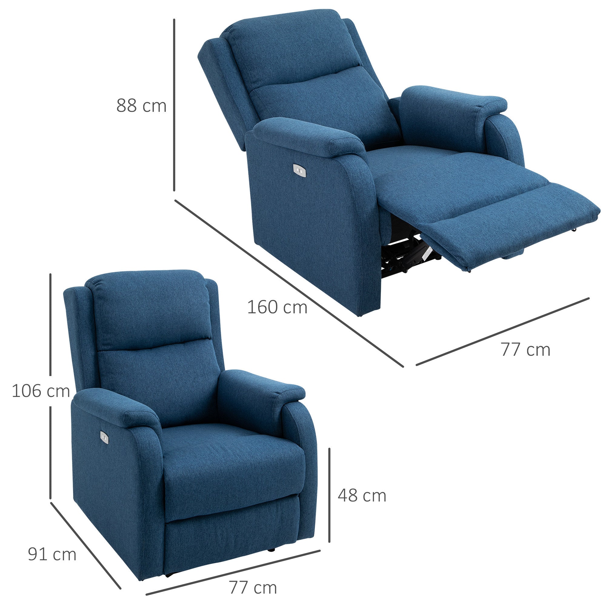 Reclining Chair with Footrest, in Linen Effect Fabric, Wood and Metal, 77x91x106 cm, Blue