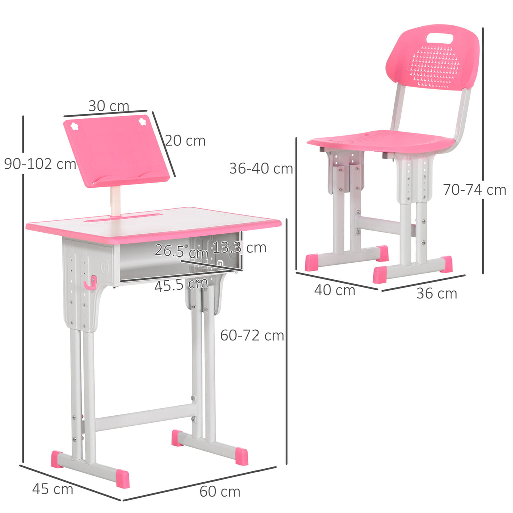 Children's Desk with Height-Adjustable Chair for 6-12 Years Old, Steel and MDF, Pink