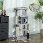 132cm High Multi-Level Cat Tree with House, Bed, Scratching Posts, Brush and Ball, Grey