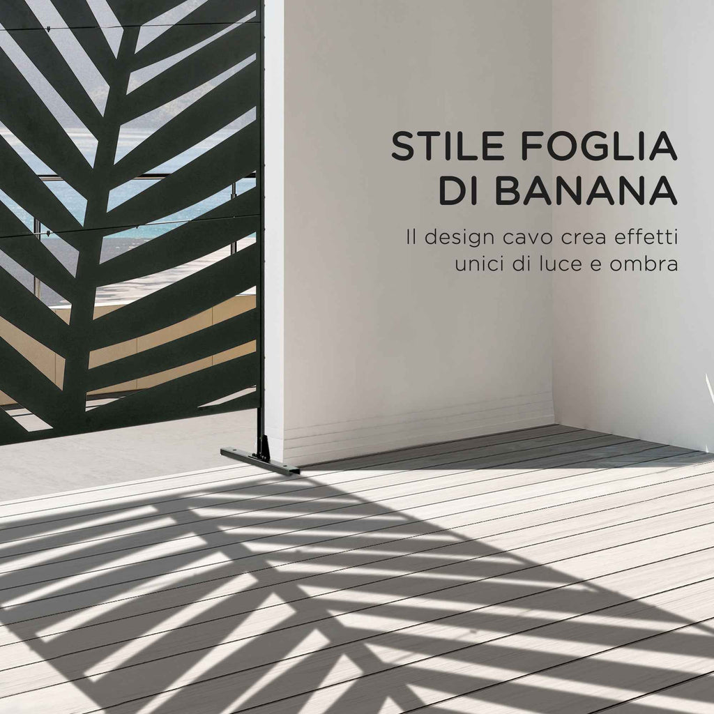 Outsunny 3-Panel Vertical Steel Room Divider with Banana Leaf Motif, 122x45x198 cm, Black