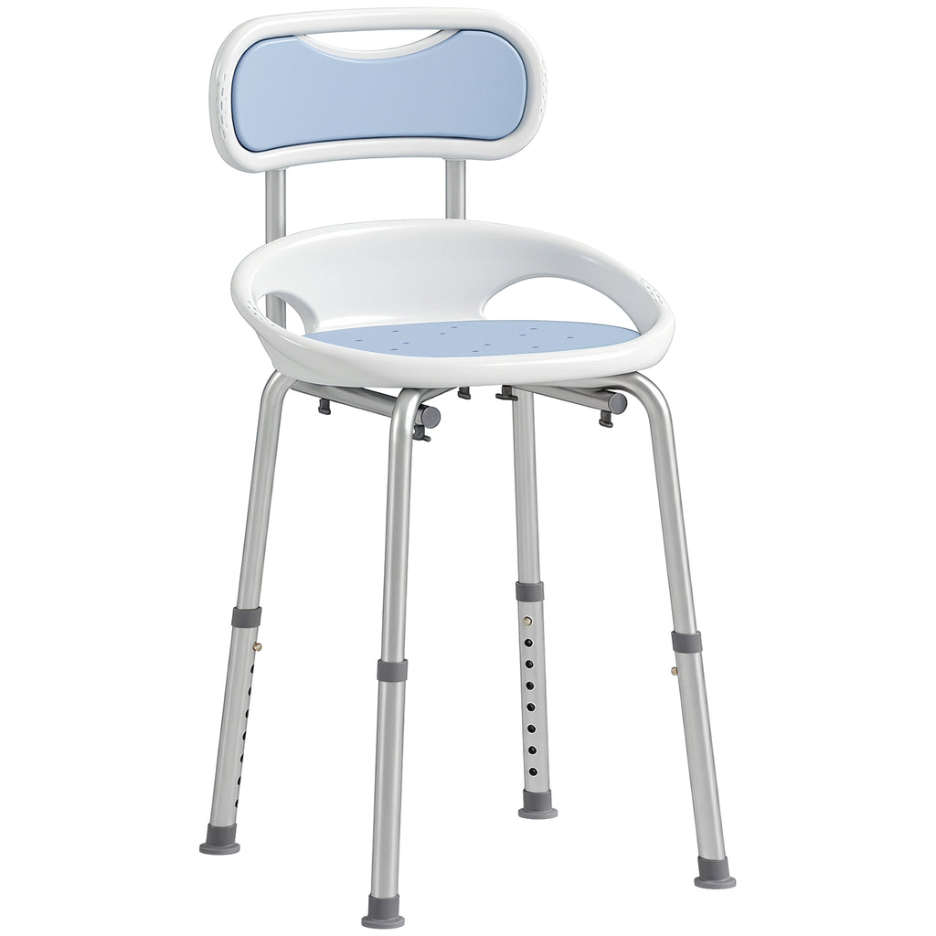 HOMCOM Shower Chair with Backrest and Perforated Seat, 8 Adjustable Heights, Non-Slip, Load Capacity 136kg, Blue