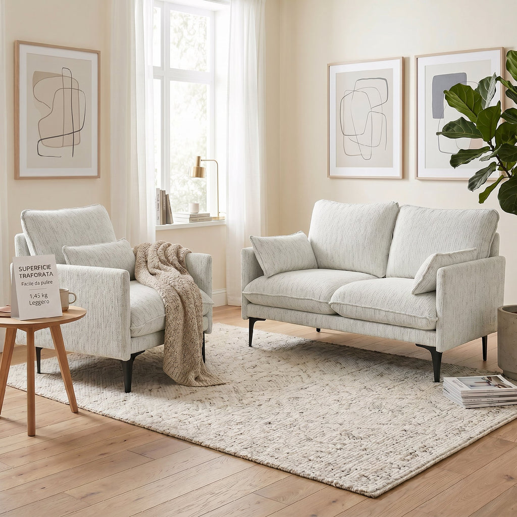 HOMCOM 2-Seater Fabric Sofa with Armrests, Thick Padding and 2 Cushions, 131x78x83 cm, White