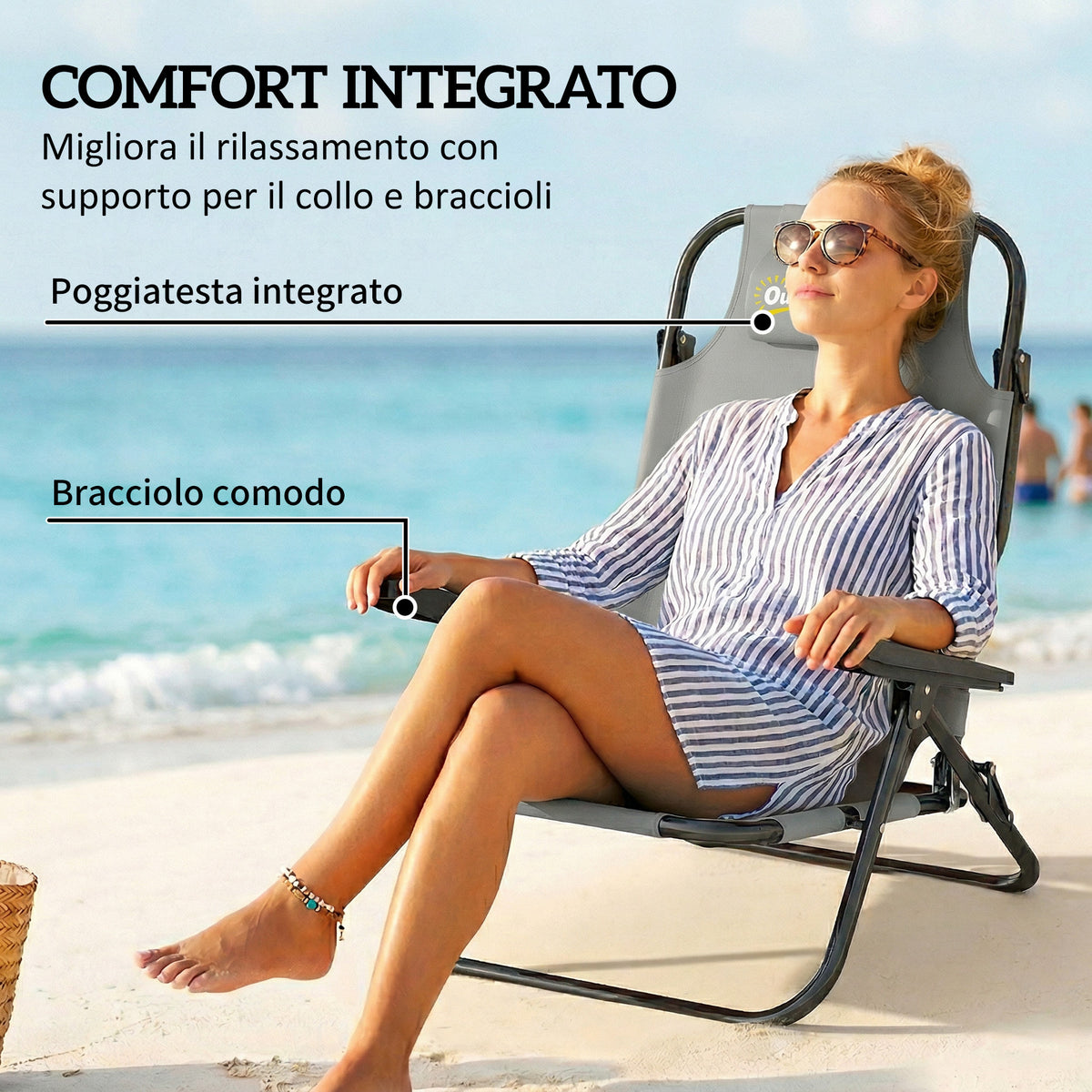 Outsunny Set of 2 Portable Camping Chairs, Folding Beach Chairs, Adjustable Backrest, Light Grey.