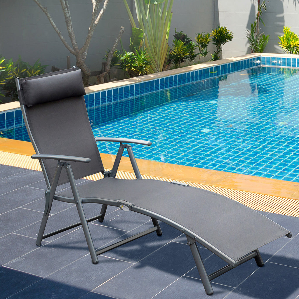 Outsunny Folding Garden Lounger with Cushion, 7-Reclining Backrest, 137x63.5x100.5cm, Grey