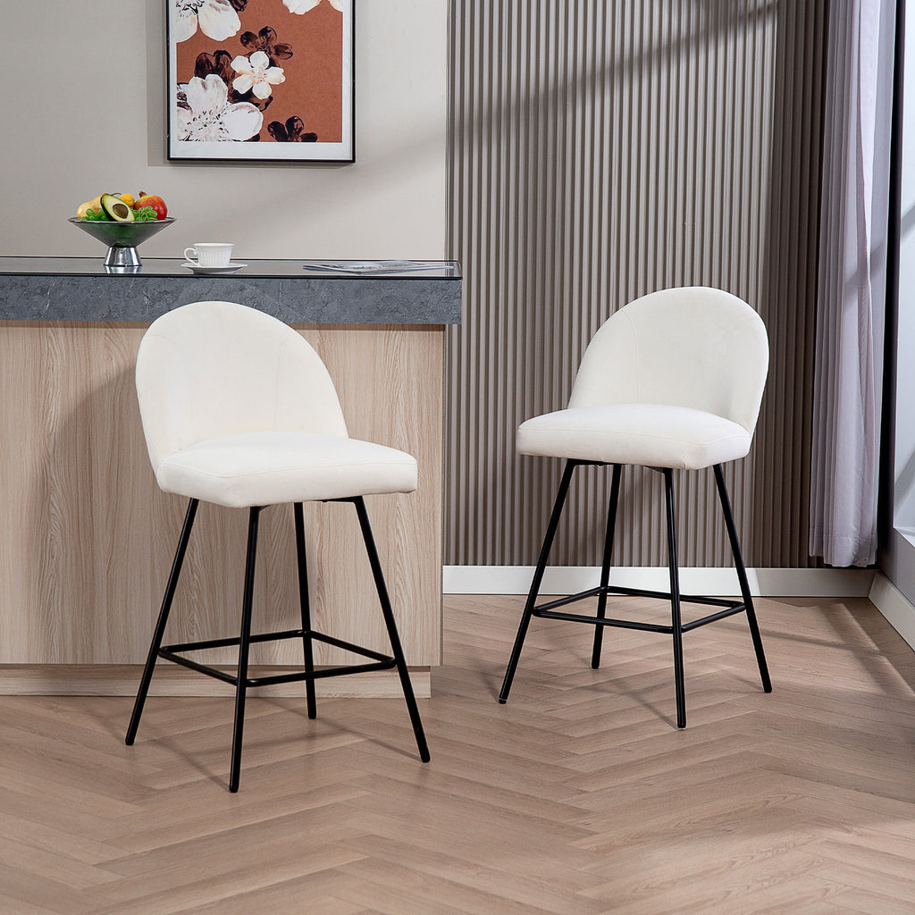 Set of 2 Bar Stools with Velvet Backrest and Steel Footrest, Cream White