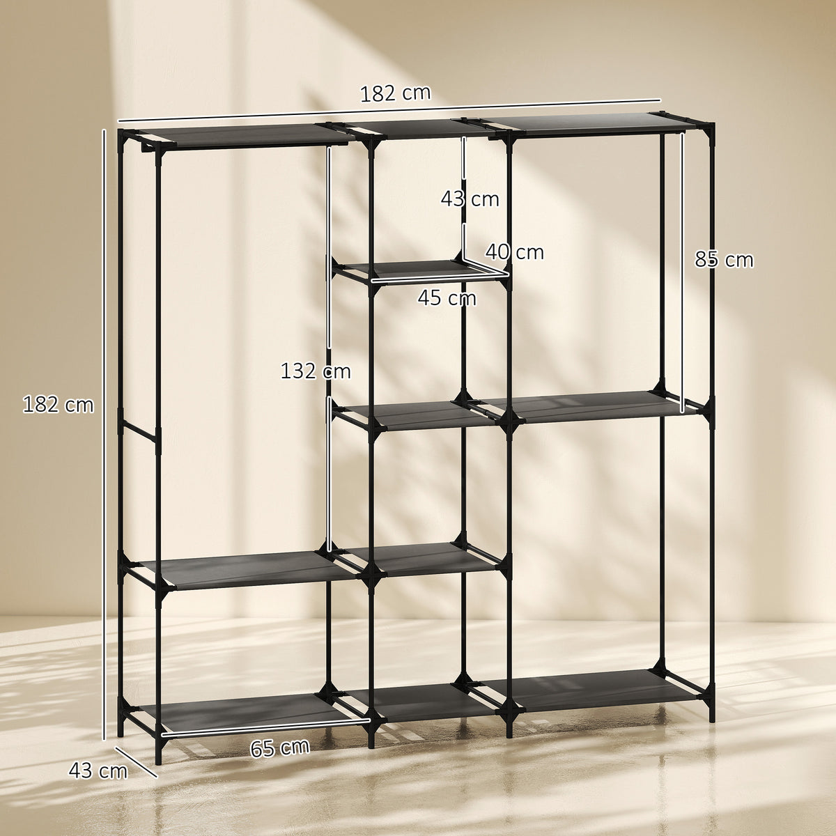 HOMCOM Space-Saving Open Wardrobe with 3 Hanging Rails, 5 Shelves, Steel Frame, 182x43x182 cm, Black