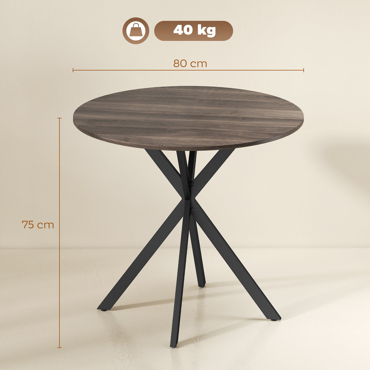 HOMCOM Industrial Style Round Dining Table with Steel Cross Legs, Ø80x75 cm, Brown