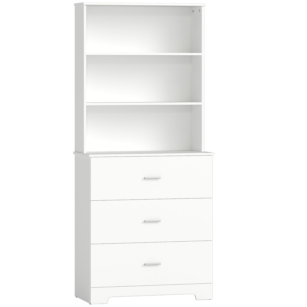HOMCOM Wall-Mounted Bookcase with 3 Open Shelves and 3 Drawers, Wooden, 79x39.5x182.2 cm, White