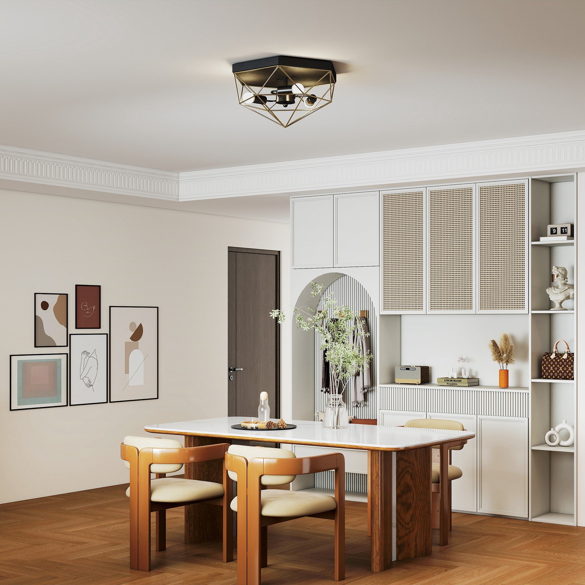 Industrial Style Geometric Ceiling Lamp with 3 E27 Sockets for LED Bulbs, Black and Gold