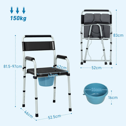 Folding and Adjustable Toilet Chair with Armrests and Backrest, Steel and PU Leather, 52.5x46x81.5-97 cm, Black