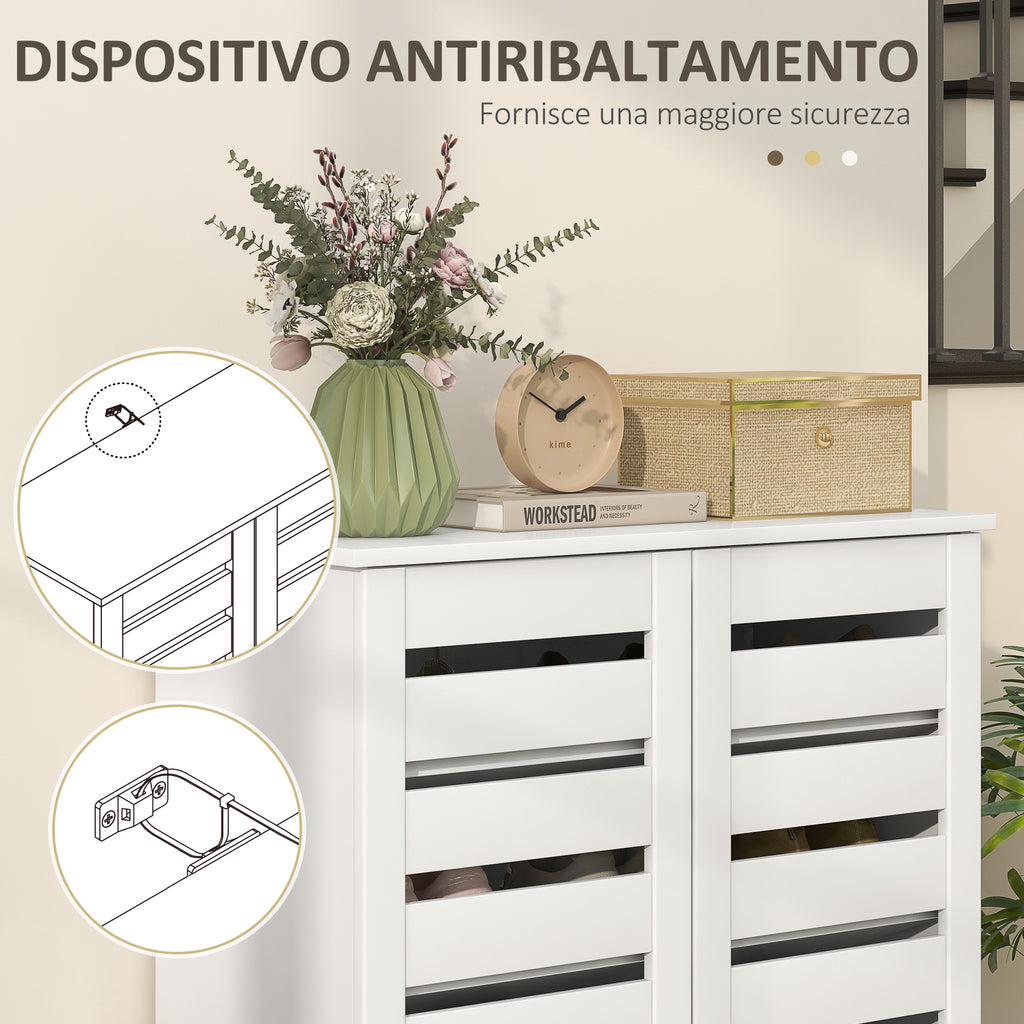5-Tier Shoe Rack with 4 Adjustable Shelves and Slatted Doors, Wooden, 76x33Dx98 cm, White