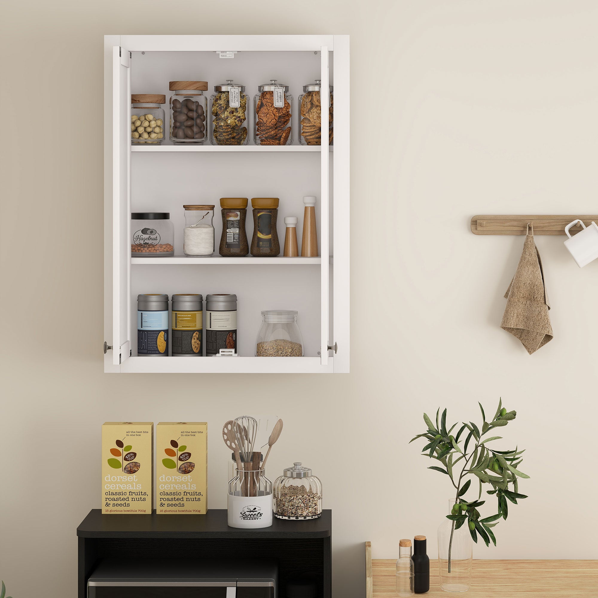Wall-Mounted Wooden Bathroom Cabinet with 2 Adjustable Shelves on 3 Levels, 61x20x84 cm, White