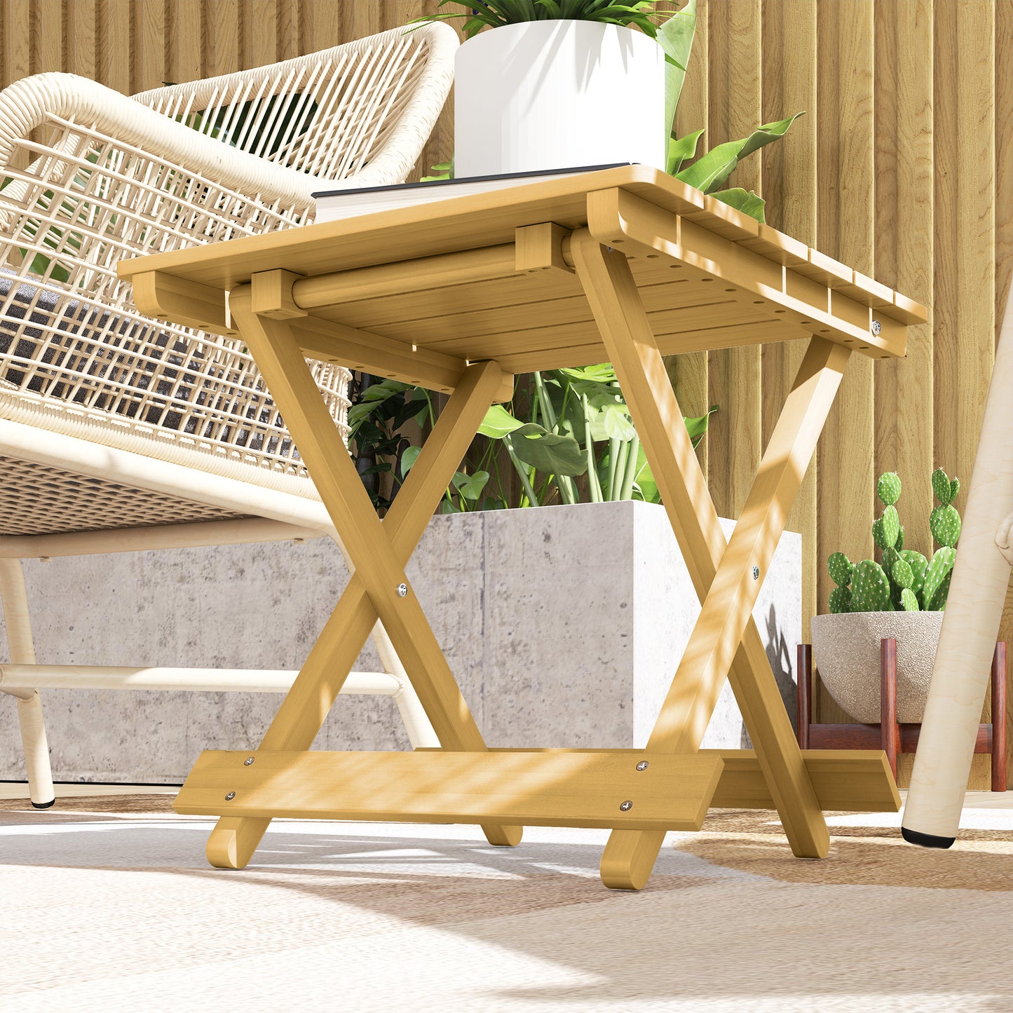 Folding Outdoor Wooden Coffee Table with Slatted Top, 40x43x40 cm, Natural Wood