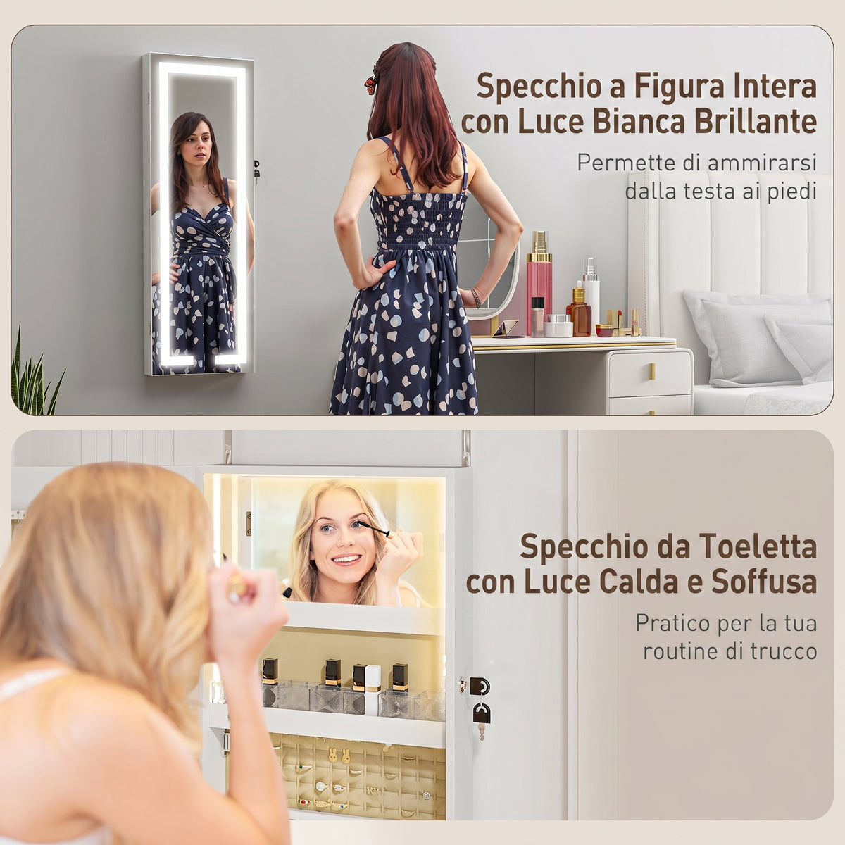 HOMCOM Wall or Door Mounted Jewelry Cabinet with Internal Mirror and LED Lights, with Lock and Key, Zip Pocket, White