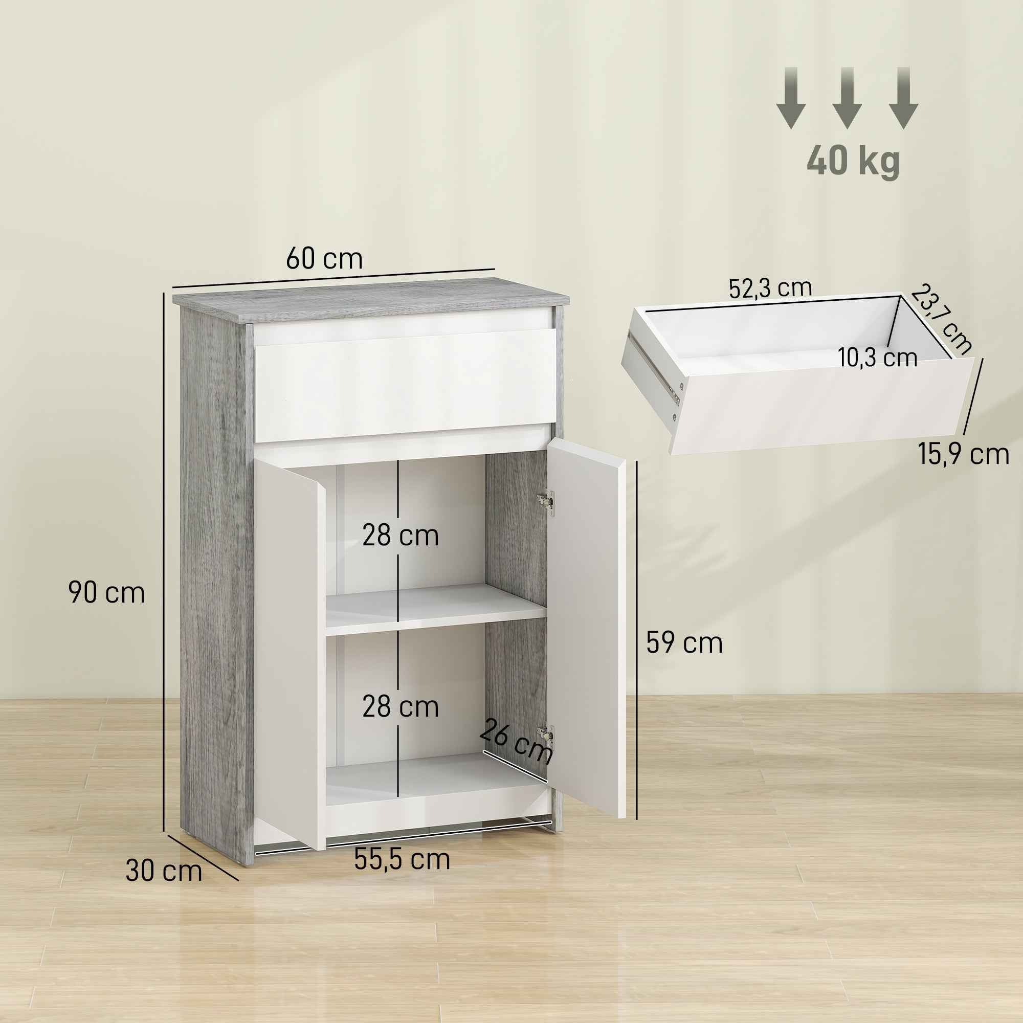kleankin Freestanding Bathroom Cabinet with Drawer and Double Doors, Grey-White
