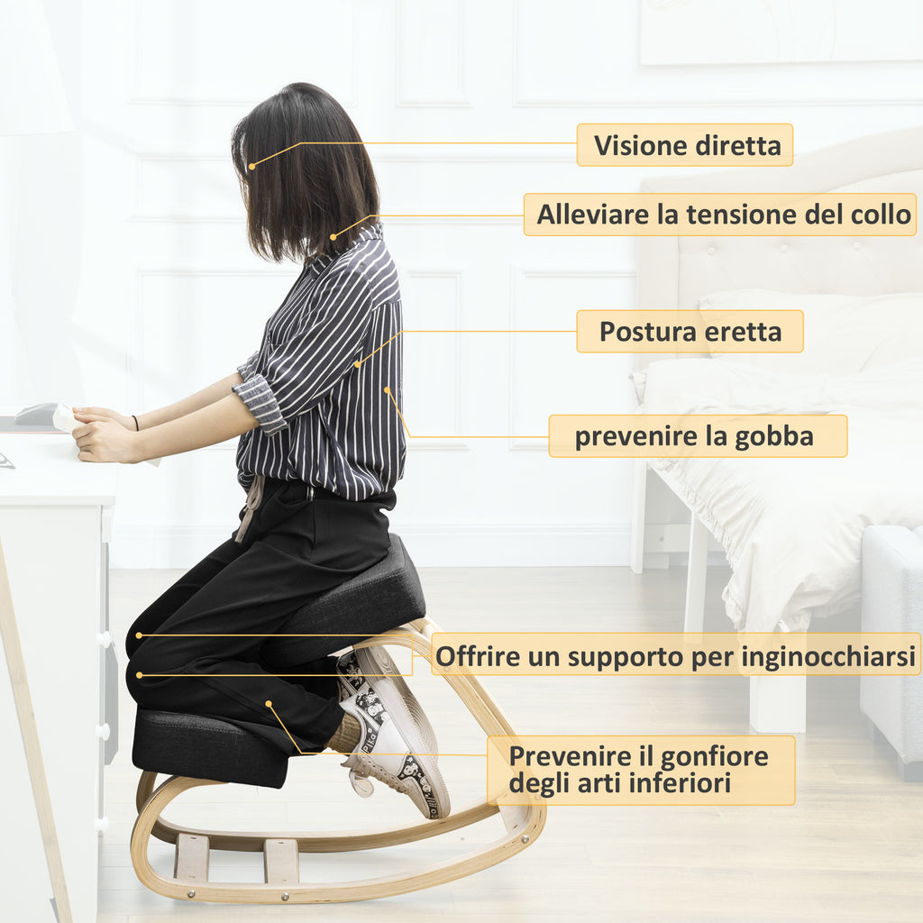 Ergonomic Kneeling Chair in Birch Wood and Cushion, 51x69x58cm, Black