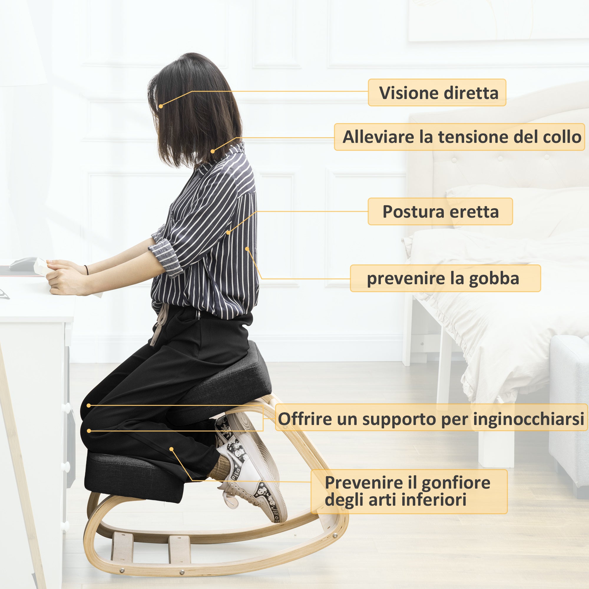 Ergonomic Kneeling Chair in Birch Wood and Cushion, 51x69x58cm, Black