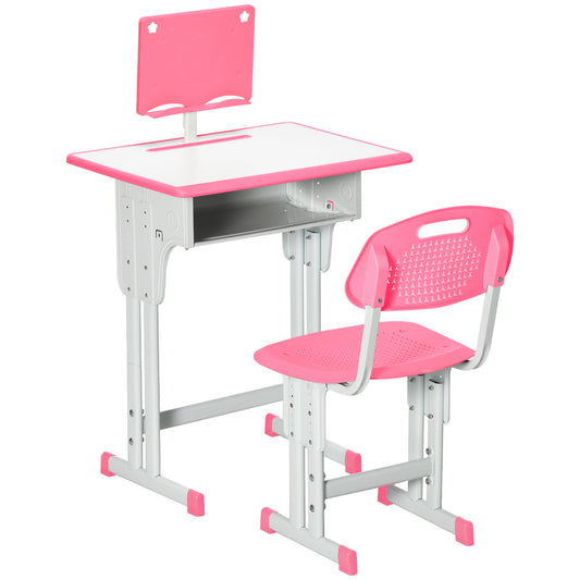 HOMCOM School Desk with Adjustable Height Chair for Children 6-12 Years, Steel and MDF, Pink