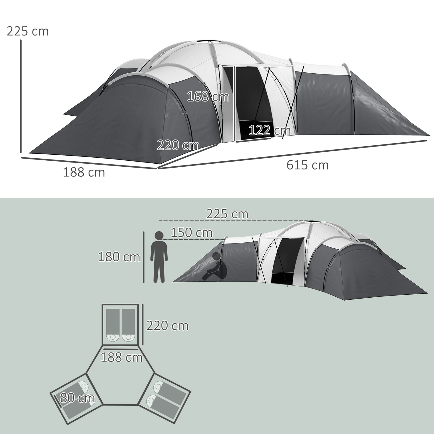 Outsunny Waterproof 6-Person Camping Tent with 3 Sleeping Areas, Living Room and Porch, in Oxford Fabric, Gray - Borgè